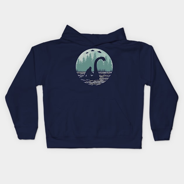 Bigfoot Riding Loch Ness Monster Kids Hoodie by Tesszero